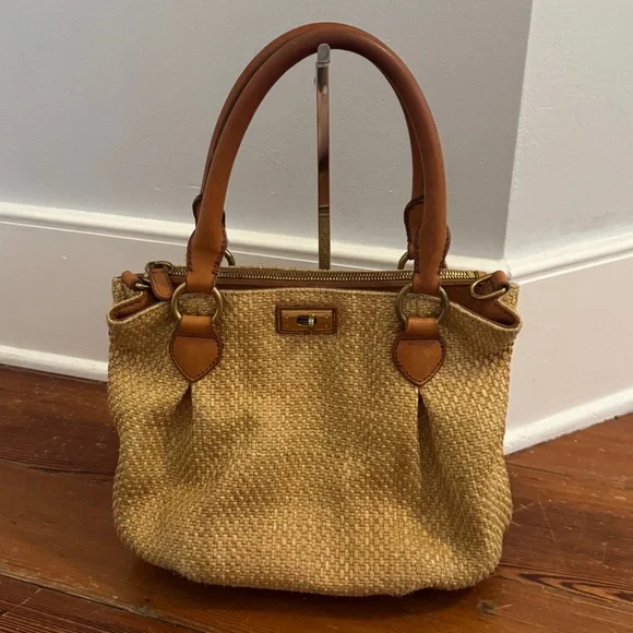 J.Crew Berkeley Small Shoulder Top Handle Straw Leather Bag Beige - Picture 2 of 12